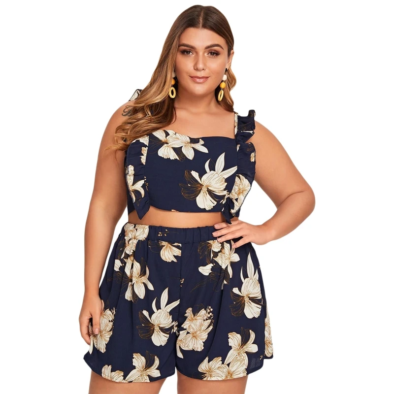 

Модный женский комплект из двух предметов с оборками, топ без рукавов, укороченный топ с шортами