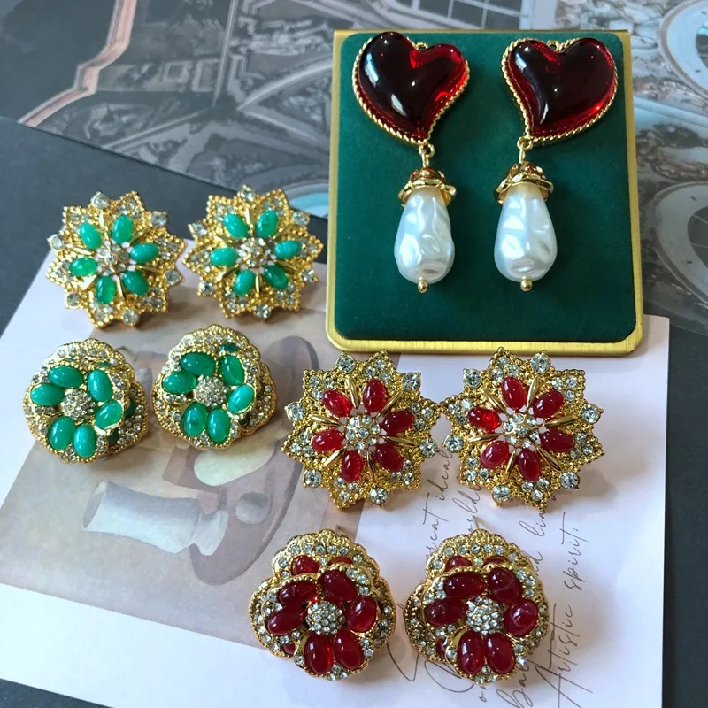 Real Gold Plated Vintage Style Flower Heart Gemstone Rhinestone Decor Baroque Glass Stud Earrings Ear-clip Pearl Drop Ear