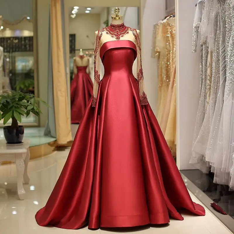 

PAFFAS Red Full Sleeve Evening Dress 2022 Lace Appliques Mermaid Prom Elegant Long Sweep Train Formal Plus Size Dress Women