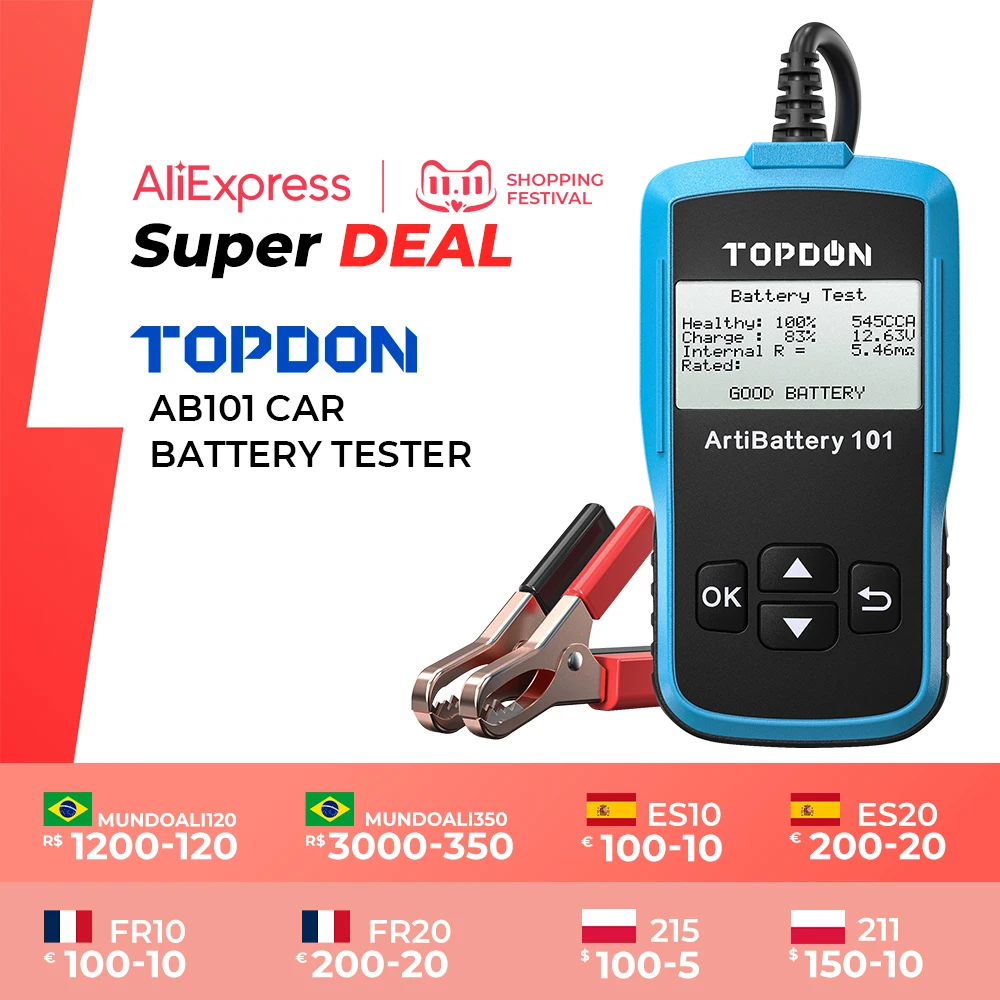 

TOPDON AB101 Car Battery Tester 12V Voltage Battery Test Automotive Charger Analyzer 2000CCA Car Cranking Charging Circut Tester