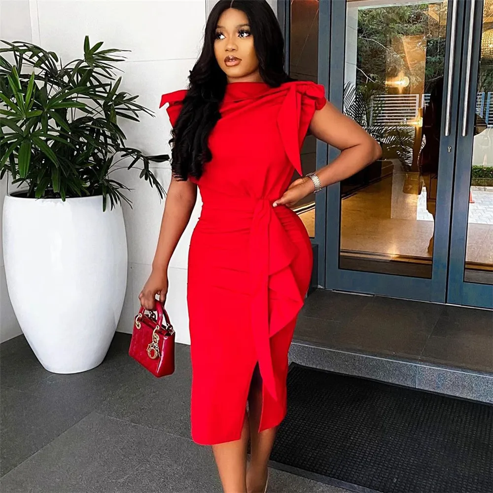 

Fashion Women Red Dress Casual Short Sleeve Solid Color Bow Tie Split Patchwork Round Neck Pullover Prom A-line Dress For Ladies