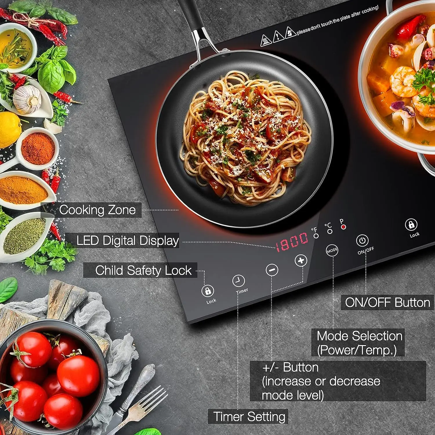 

Induction Cooktop, 1800W Cooktop with 2 Burner, Portable Countertop Burner with LED Sensor Touch Screen, 17 Power Levels 21 Tem