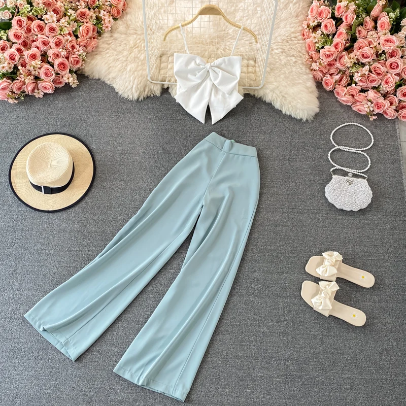 

Summer Elegant Fashion Women Pantsuits Strap Vintage Camisole and Pants Outfits Female Beach Holiday Party 2 Pieces Set