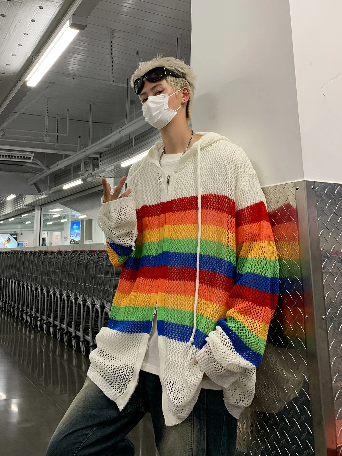 Spring and Autumn American Contrast Color Hollow out Hood Knitted Outerwear Men's Cleanfit Fashion Brand Couple Loose Cardiga... |