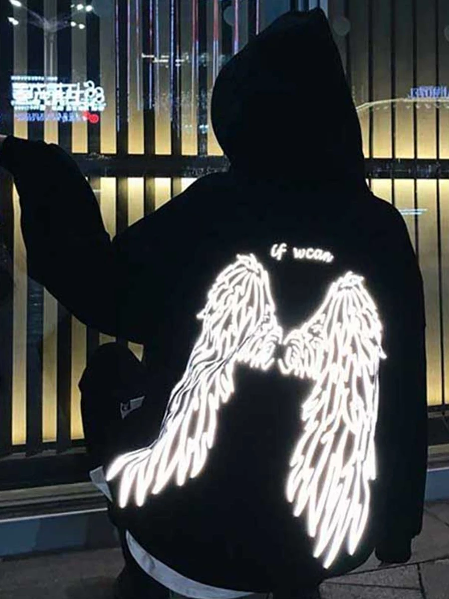 

Черная Светоотражающая Толстовка в стиле хип-хоп, свободная одежда в стиле Харадзюку, унисекс, Зимний пуловер, пальто с крыльями, Женская то...