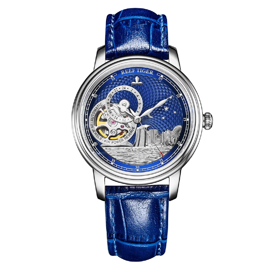 

Reef Tiger Women Automatic Watch,Luxury Ladies Watches Self Wind Mechanical Wristwatch Waterproof Sapphire Skeleton Dial 24 Hour