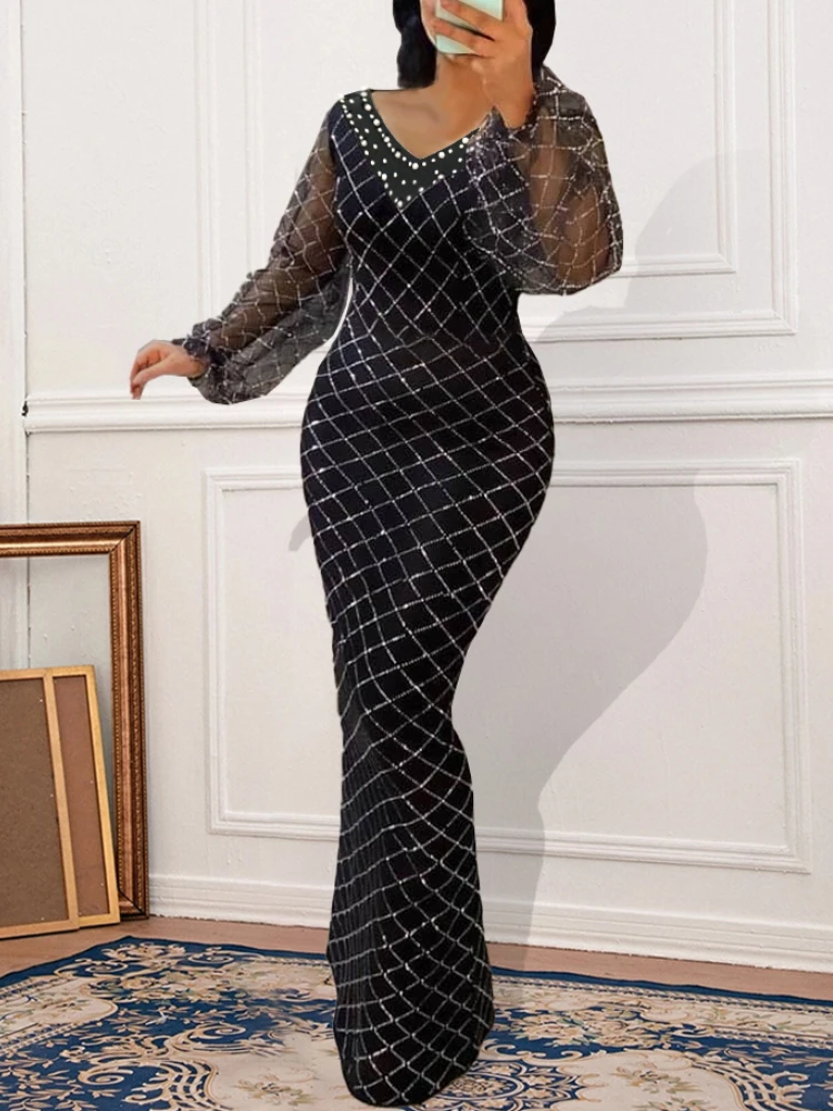 Elegant Women Black Glitter Dress Bodycon Puffy See Through Long Sleeve Diamond Gauze Maxi Summer Birthday Party Celebrity Gowns