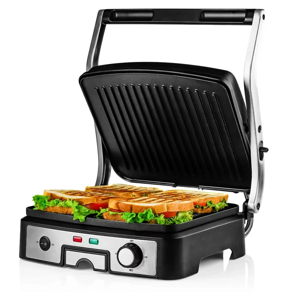 

Press Grill with 180 Degrees Double Sided Nonstick Cooking Plates and Removable Drip Tray, 1500W Perfect for 4- Large Sandwiches