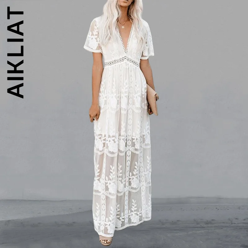 

Aikliat модное платье макси свободного кроя с вышивкой белое кружевное длинное пляжное платье туника праздничное платье Харадзюку базовые нар...