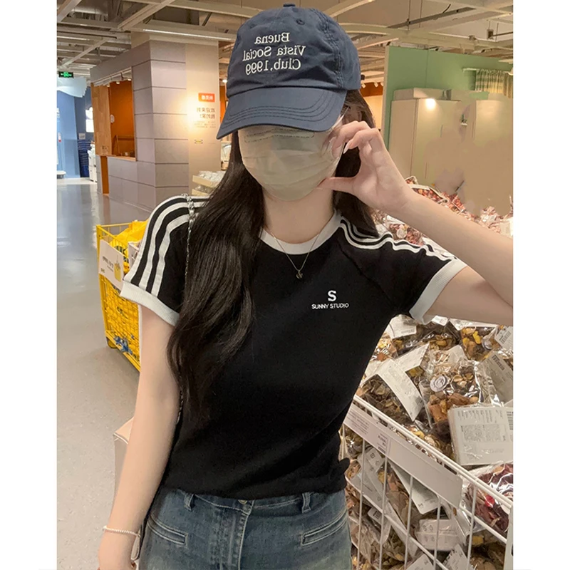 Женская футболка с коротким рукавом облегающий Топ контрастных цветов в