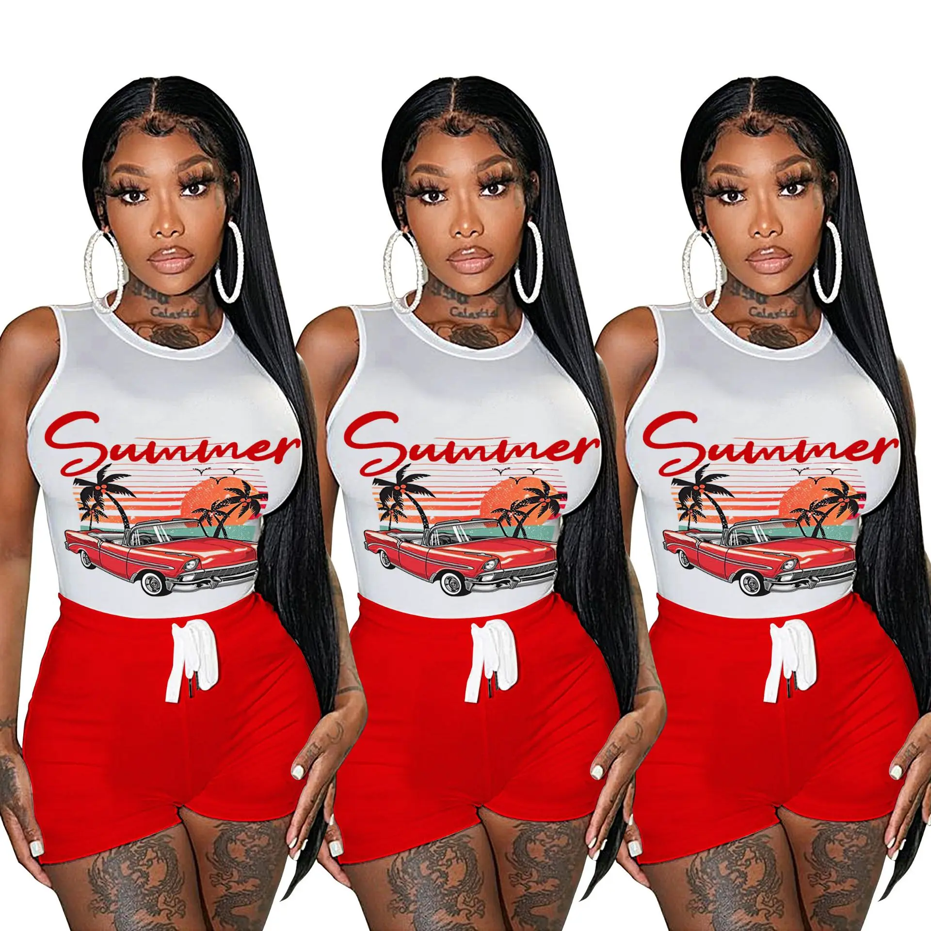 

Fitness Women 2 Piece Set Sleeveless Printed Sporty Vest Biker Shorts Matching Set 2022 Summer Activewear High Street Tracksuit