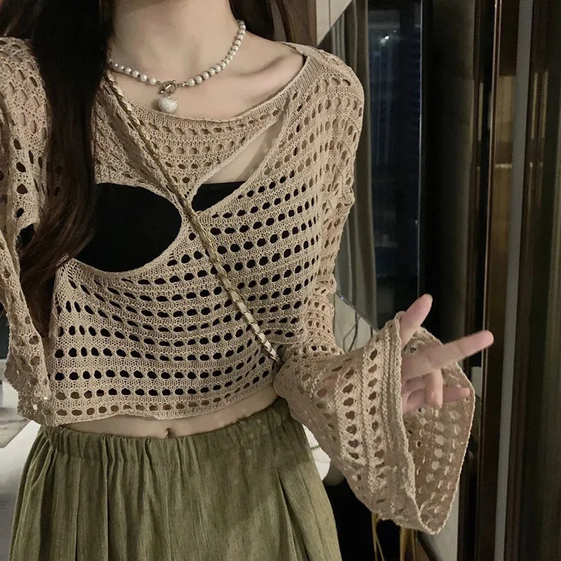 

Y2K Sheer Crop Sweater Women Sexy Hollow Out Long Sleeve Crochet Pullovers Vintage Streetwear Loose Casual Sunscreen Tops