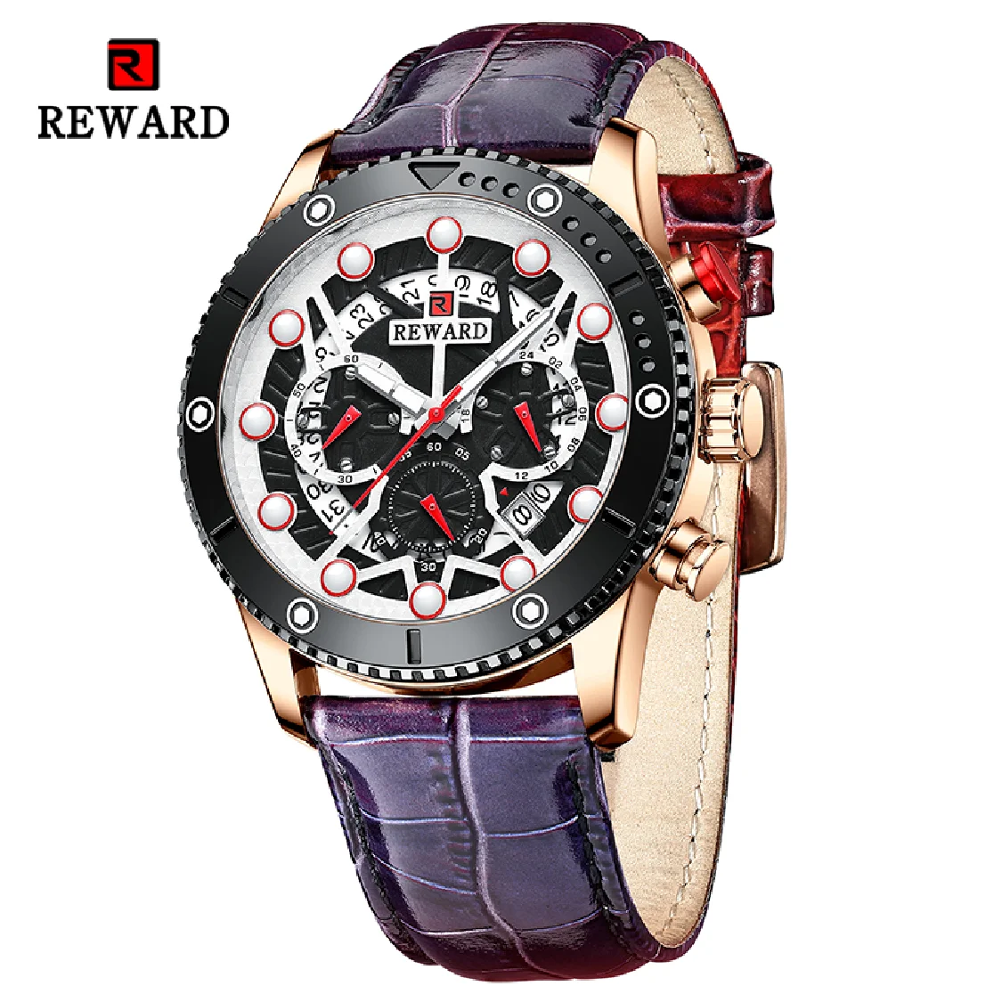 

REWARD Fashion Men's Quartz Wristwatch Sport Waterpoof Genuine Leather Alloy Watches Chronograph Luminous Man Wrist Watches