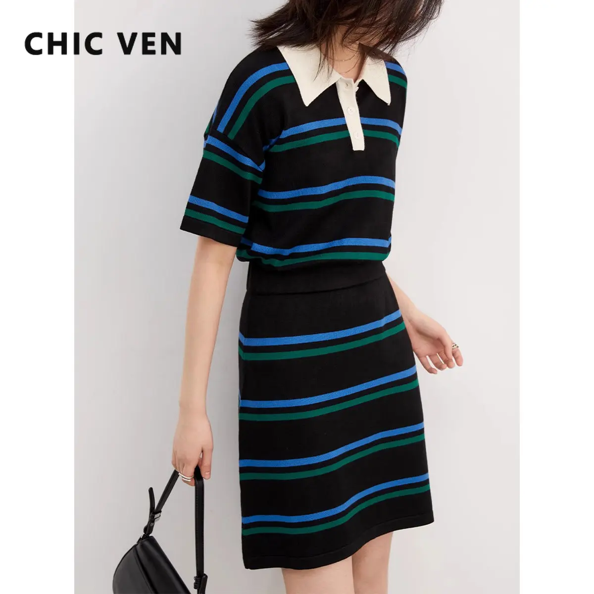 CHIC VEN Women's Dresses Loose Casual Polo Collar Contrast Stripe Knit Dress Short Sleeve Office Lady Clothing 2023 Summer New