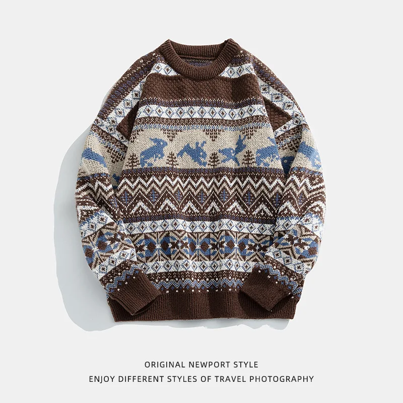 

2023 New O-neck Sweater Men's Ethnic Style Jacquard Pullover Sweater Youth Autumn and Winter Casual Loose Outerwear Knitted Top