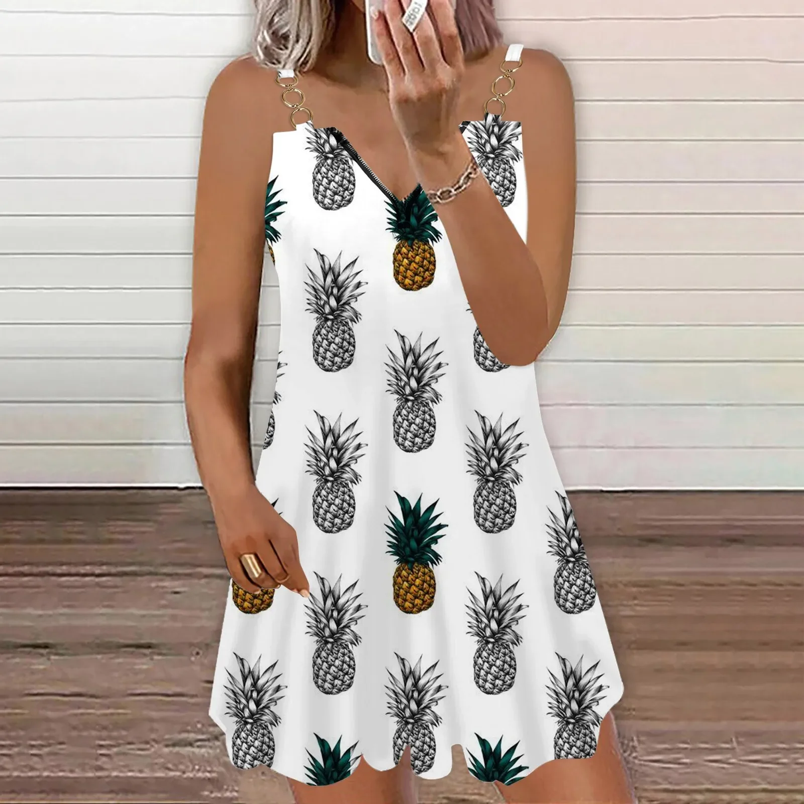 Женское платье с принтом фруктов летнее V-образным вырезом на молнии коротким