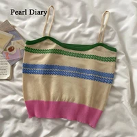 pearl diary ins tide retro stripe camisole chic sleeveless knitting top women contrast color short thin tops summer women