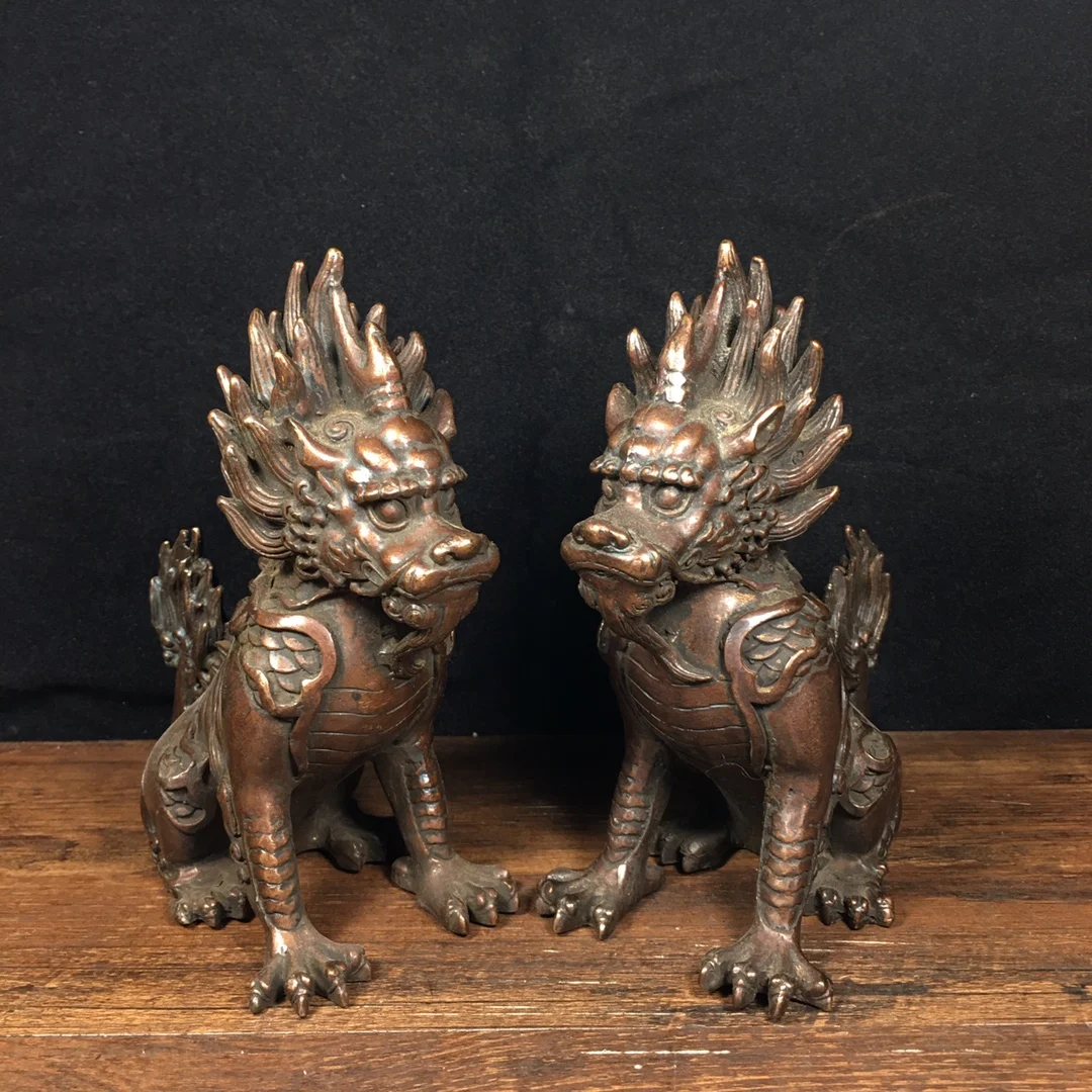 

6"Tibetan Temple Collection Old Bronze Cinnabar Fire Unicorn Kirin a pair Gather fortune bless ornament Town house Exorcism