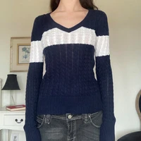 y2k twist knitted sweats blue patchwork prepply retro knitwear full sleeve v neck slim cute harajuku jumpers women 90s