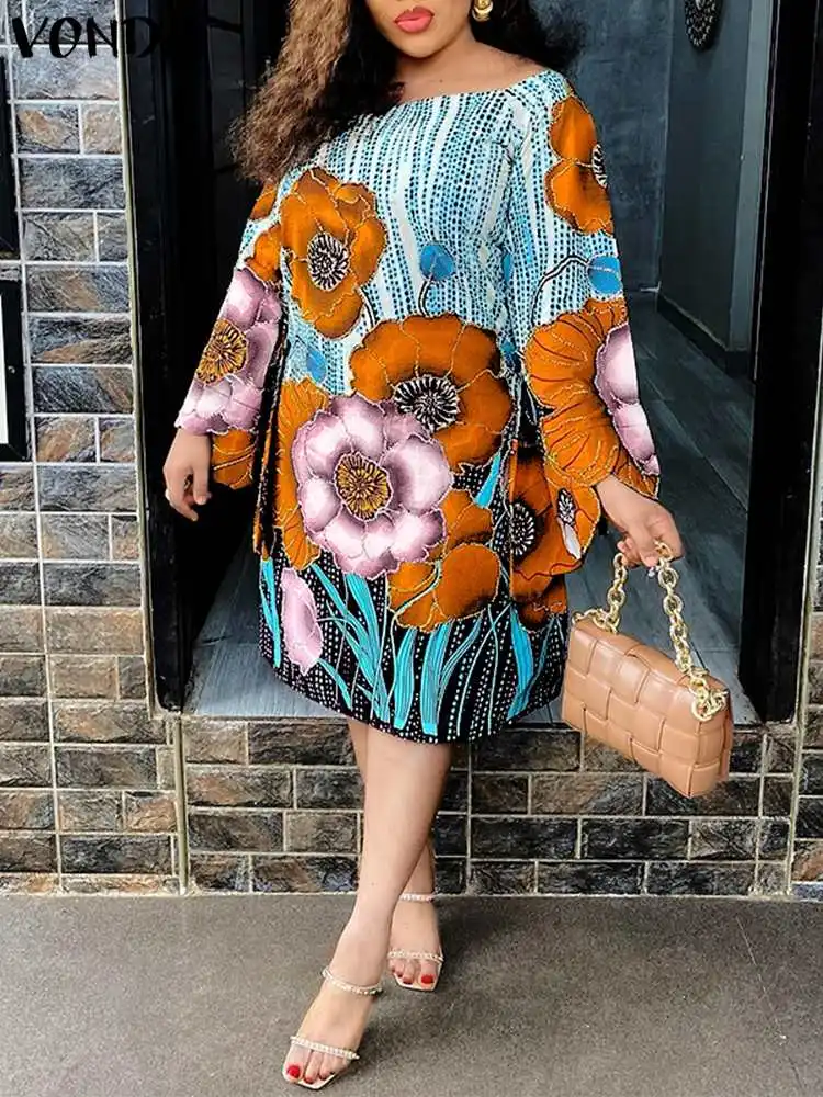 Plus Size Women 2023 Summer Sundress VONDA Floral Printed Party Dress Long Flare Sleeve Vestidos Casual Loose Bohemian Midi Robe