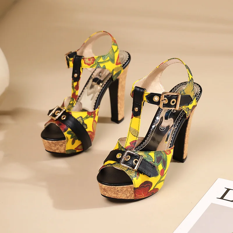 

Jiovodo Sexy Women Floral Print Sandals Summer Fashion Super High Heels Open Toe Gladiator Shoes Woman Party Pumps Block Heels