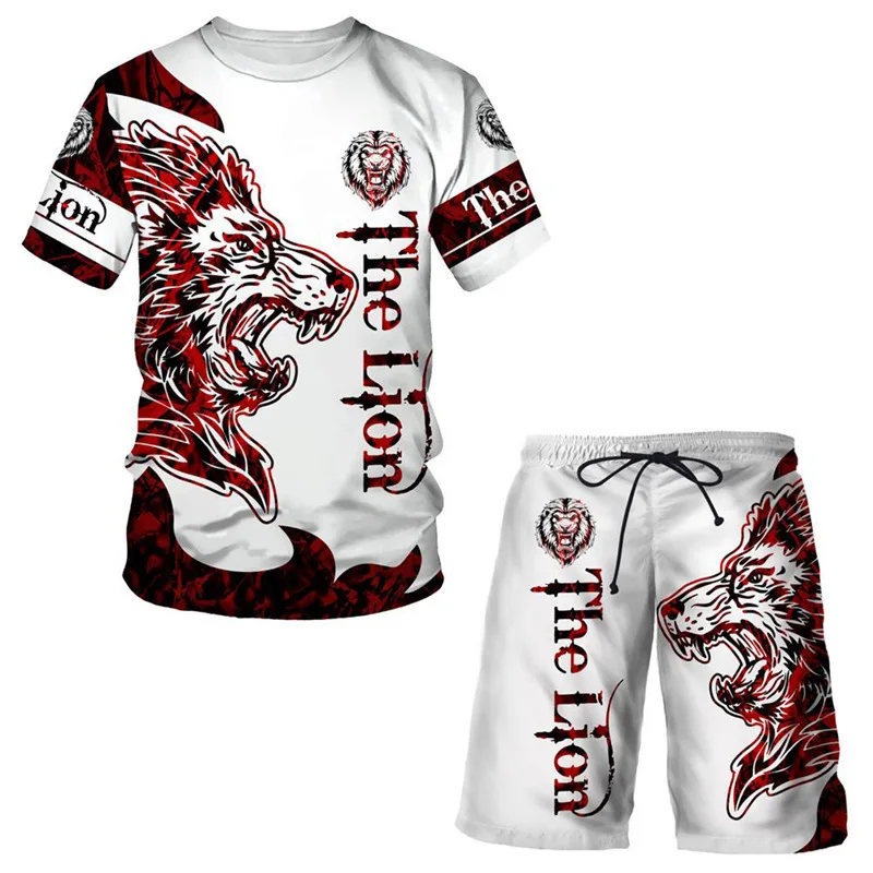 Summer Men's Senior T-shirt Suit Lion Print The Lion Fashion Loose Streetwear  Tracksuit For Men Short Sleeve Sportswear
