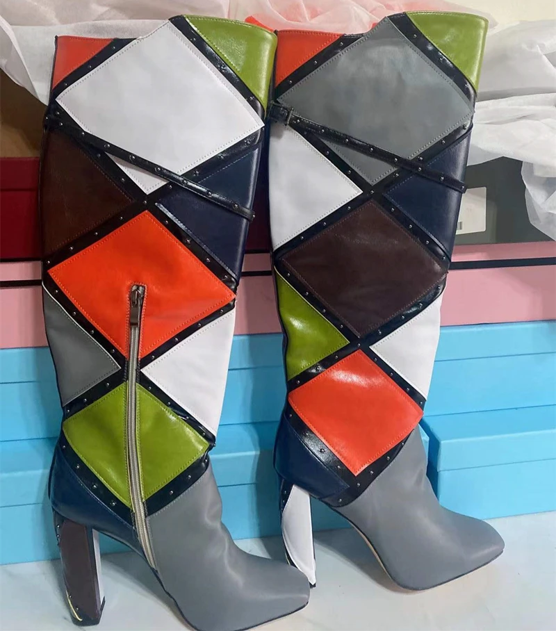 Modern Boots Rivets Ornament Color Block Fashion Model Shoes High Heel Knee High Boots for Women Ankle Booty Big Size 45
