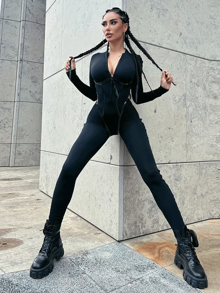 Ladies Pu Faux Leather Patchwork Sexy Club Wear Y2K Clothes Long Sleeve Jumpsuit For Women Sporty Streetwear Romper Fall Outfits