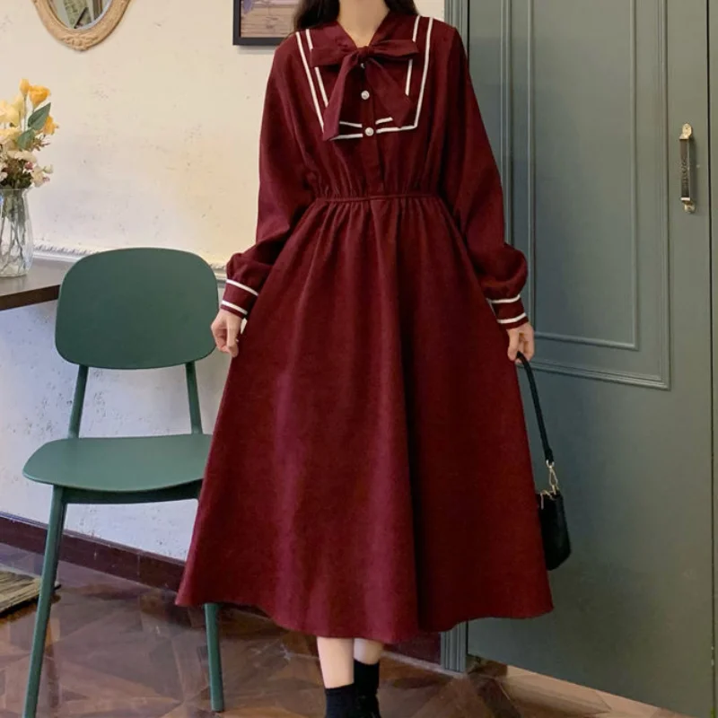

Red Dress Women Bow Vintage Elegant Long Sleeve Dresses 2021 Fashion Female Casual Preppy Style Outfits Partywear