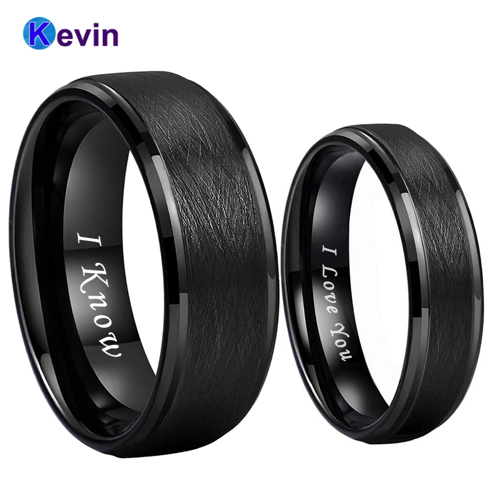 

6MM 8MM Black Tungsten Couple Ring Men Women Fashion Engagement Wedding Band Stepped Beveled Brushed I Love You I Know Engraved