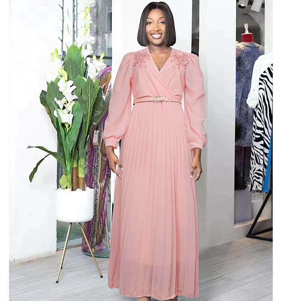 

Платье женское длинное в африканском стиле, плиссированное модное элегантное розовое офисное Дашики с широкой юбкой и поясом, весна-осень
