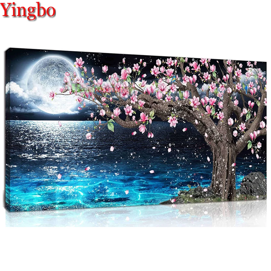 

Большая Алмазная 5D картина с изображением магнолии дерева Луны пейзажа, полноформатная мозаика, Хрустальная вышивка, креативное хобби, выш...
