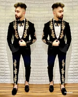 black gold appliques men suits 2 pieces palace custom made handsome wedding tuexdos fit slim formal casual formal blazerpants