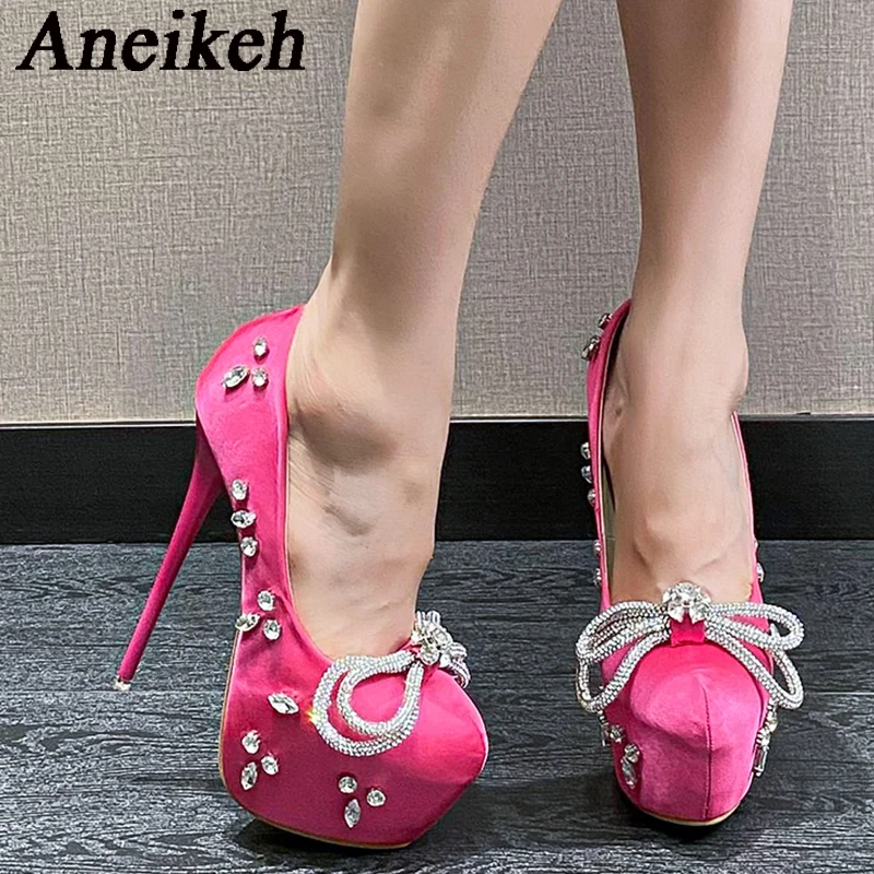 

Aneikeh Women's Comfort Silk Round Toe Thin Heel Shoes 2024 Shiny Crystal Bow Rhinestone Decoration Super High Heels Party Dress
