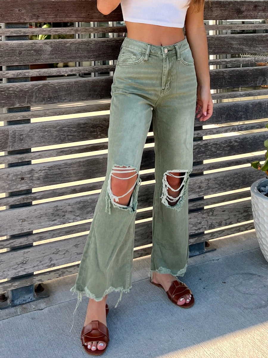 Y2k Autumn Fashion Women's Bell Bottom Jeans Classic High Waisted Flared Jean Pants Ripped Jeans Casual Denim Pants Streetwear