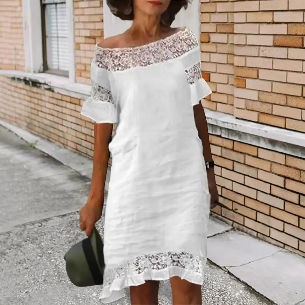 

Elegant Lady Midi Dress Boat Neck Short Sleeves Pullover Summer Dress Loose Lady Summer Dress Women Garment