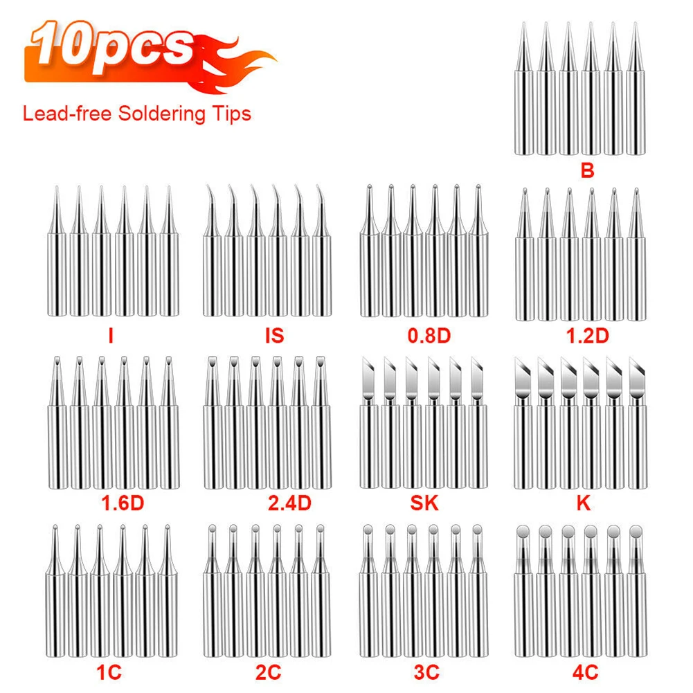 

10 Pcs Solder Iron Tips Lead-Free Welding Tip 900M-T-K SK B I 3C 4C 1.6D 2.4D C1 Soldering Supplies Welding Equipment Accessory