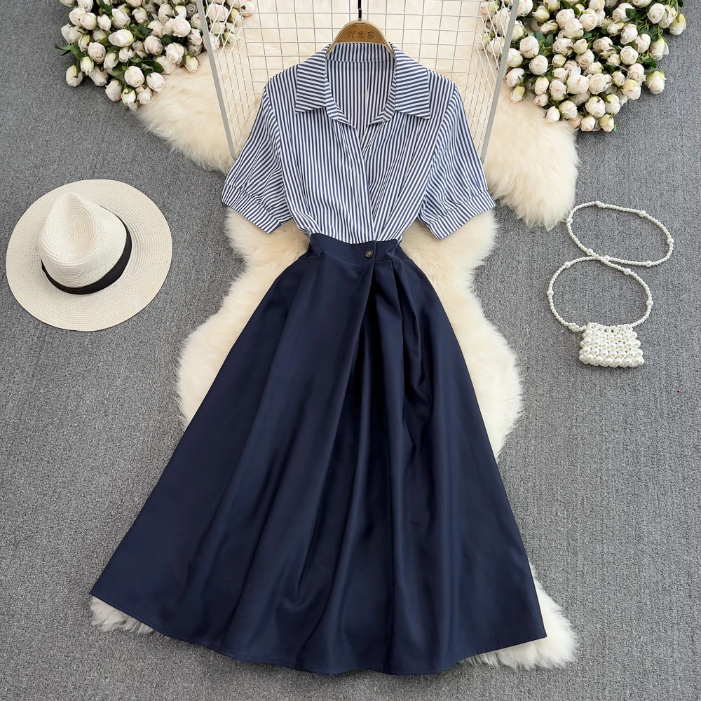 

Women's Runway Fashion Spring Summer Short Sleeve Striped Patchwork Shirt Dress Female High Waist Chic Party A-line Dress TB2596