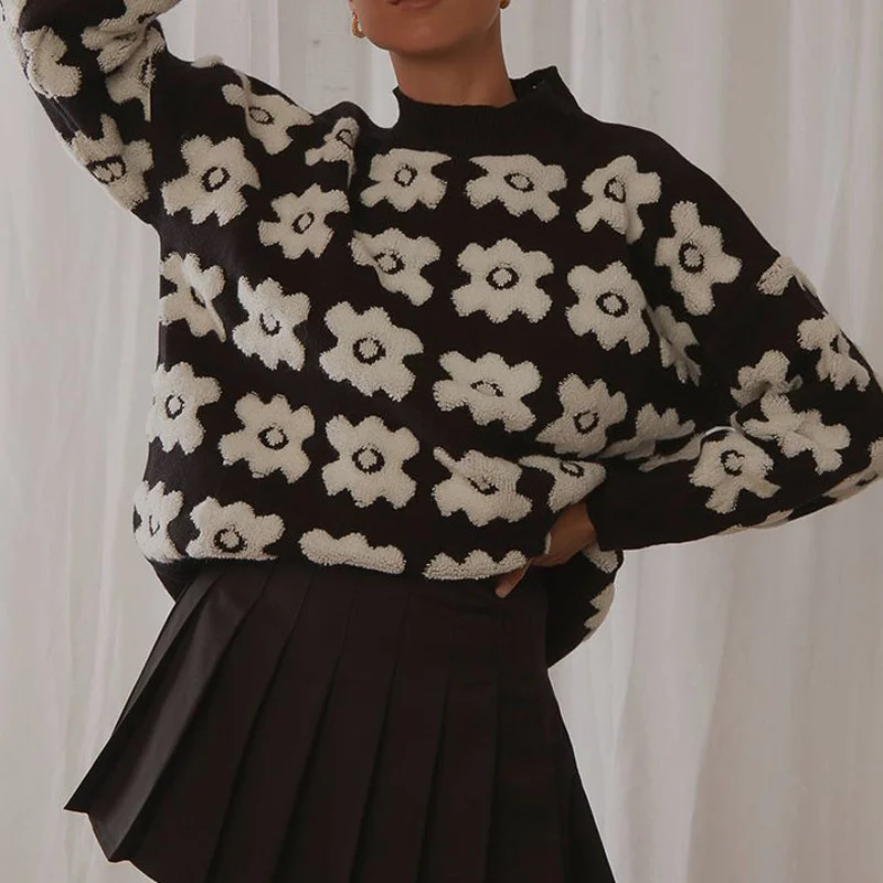 

Ladies Autumn Winter Floral Knitted Loose Sweater Women Pullover Tops Long Sleeve O Neck Casual Streetwear Women Sweater Female