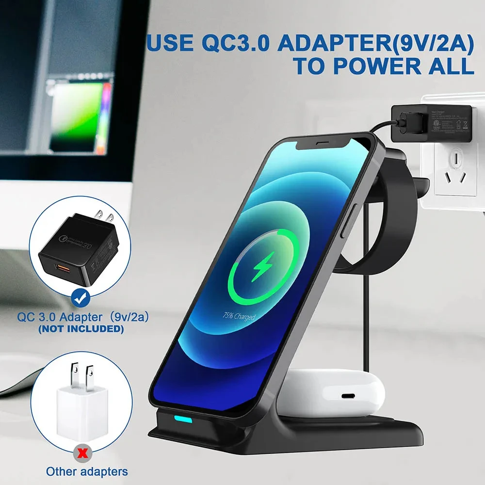 30 Вт Беспроводная зарядка для iPhone 15 14 13 12 11 Pro Max Apple Watch 9 8 7 Airpods Samsung Galaxy S24 S23 S22 Ultra Buds