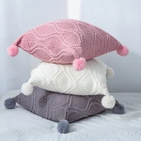 chenille knitted cushion cover pink beige gray crochet pillowcase with pompons home sofa bed throw pillows 45x45cm