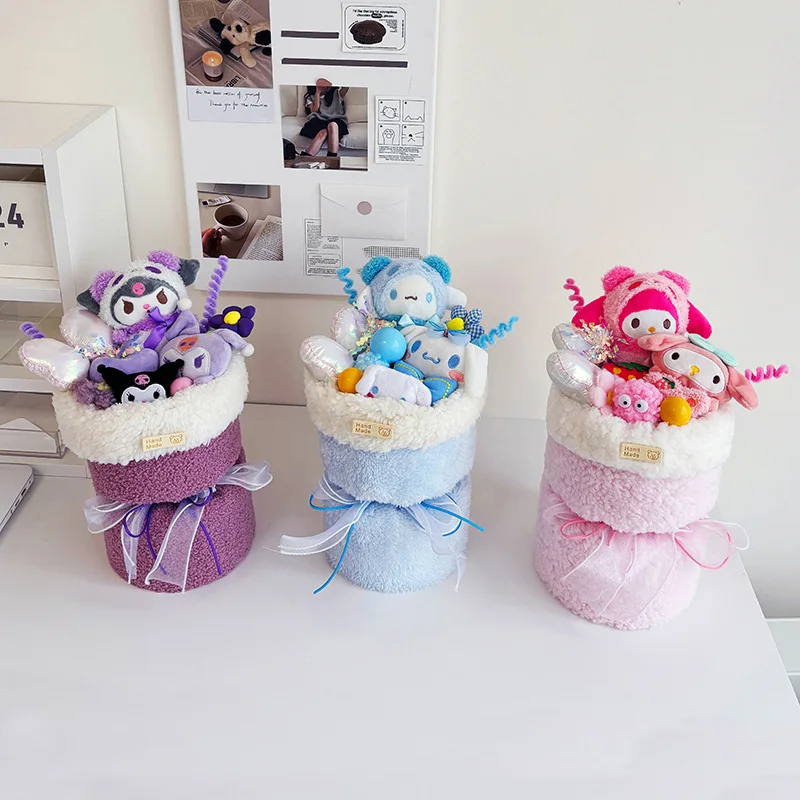 Sanrio My Melody Kuromi Cinnamoroll плюшевая кукла игрушка с цветами креативный букет ручной