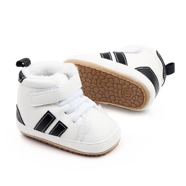 2022 New Winter Plush Thick Baby Boots Striped Sports Snow Boots Non-slip Rubber Sole First Walkers Newborn Toddler Crib Shoes 6