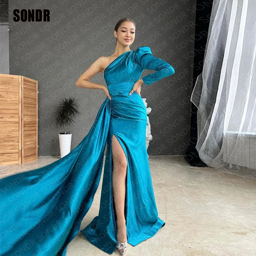 

SONDR Shiny Beads Long Slit Formal Night Evening Dresses Satin Dubai Arabic A Line One Sleeve Party Prom Dresses Gowns 2023