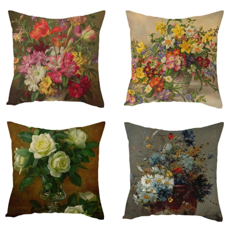 

Linen Flowers Paintings Cushion Cover Roses And Vase Orange Pomegranate Throw Pillow Cover Floral Pillowcases