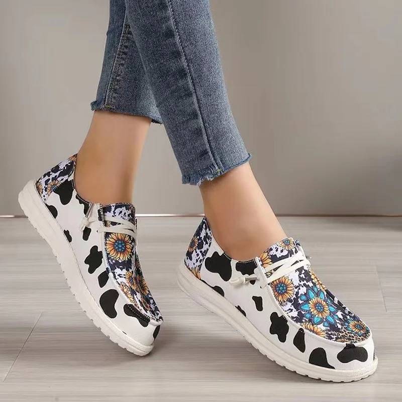 SENDNAKAI Women's Fashion Printing Soft Sole Single Shoes Sunflower Cow Pattern Canvas Shoes Non slip Lightweight Cloth Shoes