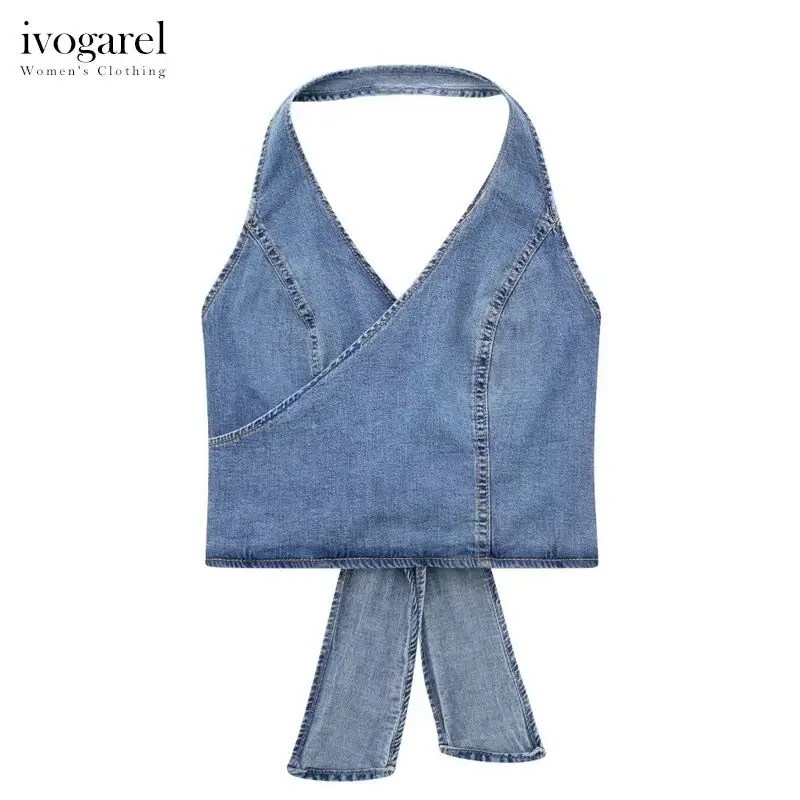 

Женский джинсовый топ с вырезом горловины, пикантный бюстье с открытой спиной, майка, Женский Повседневный регулируемый Топ с завязками, короткий жилет в стиле Traff, 2023