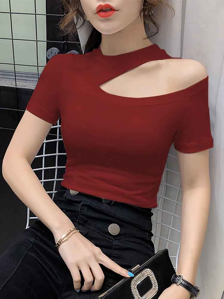 Женская хлопковая футболка с коротким рукавом однотонная облегающая круглым