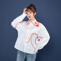 white graffiti shirt women 2022 spring and autumn vintage straight loose single breasted blouse outer long sleeve top