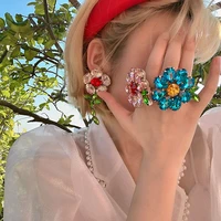fashion flower earrings ring large rhinestone gem colorful flower rings earrings women spring sunshine party jewelry accessories
